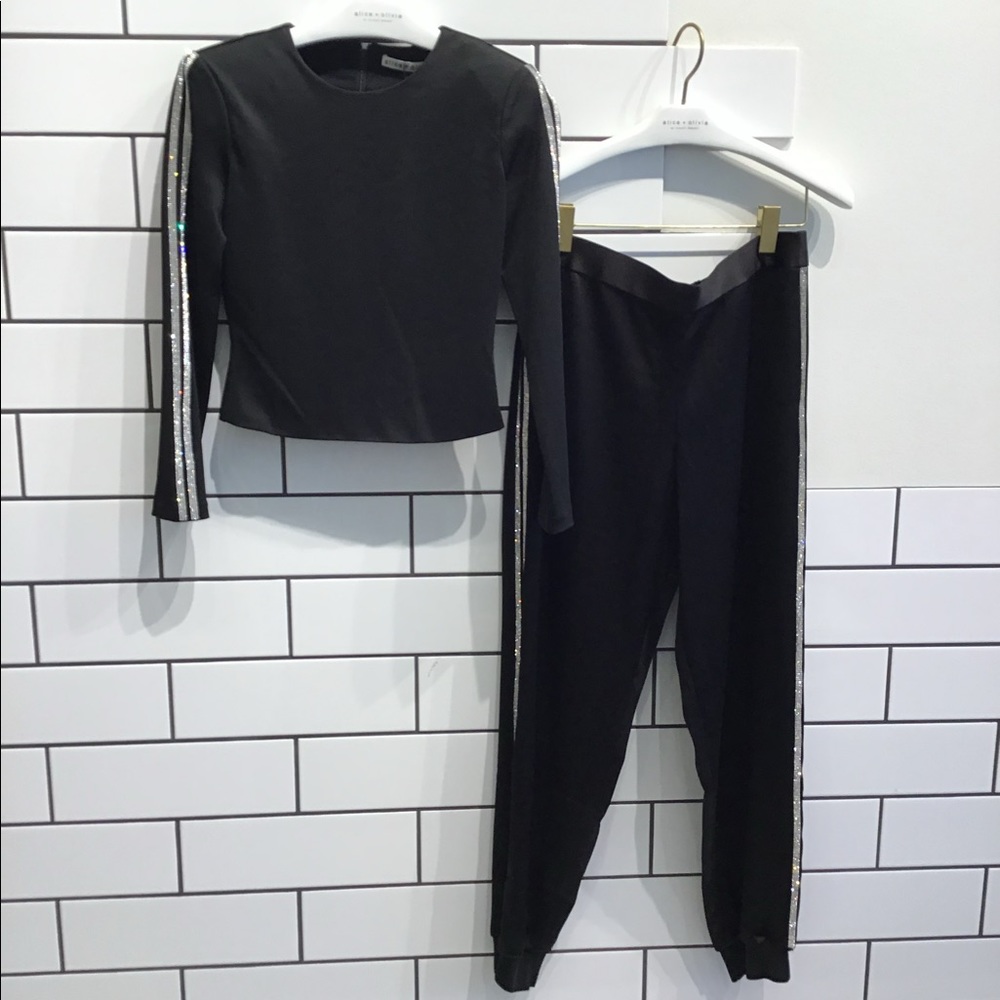 alice+olivia black crystal jogger set; stretch with shoulder pads; zippered back